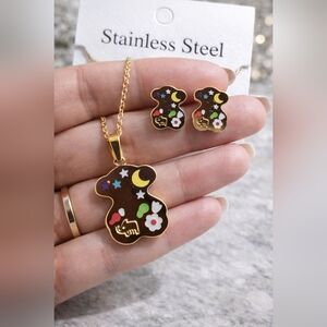 Gold-Tone Brown Enamel Bear Pendant Necklace & Stud Earrings Set
